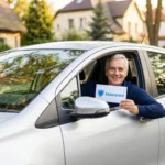 Senior za kółkiem swojego auta pokazuje kopertę z napiszem Insurance