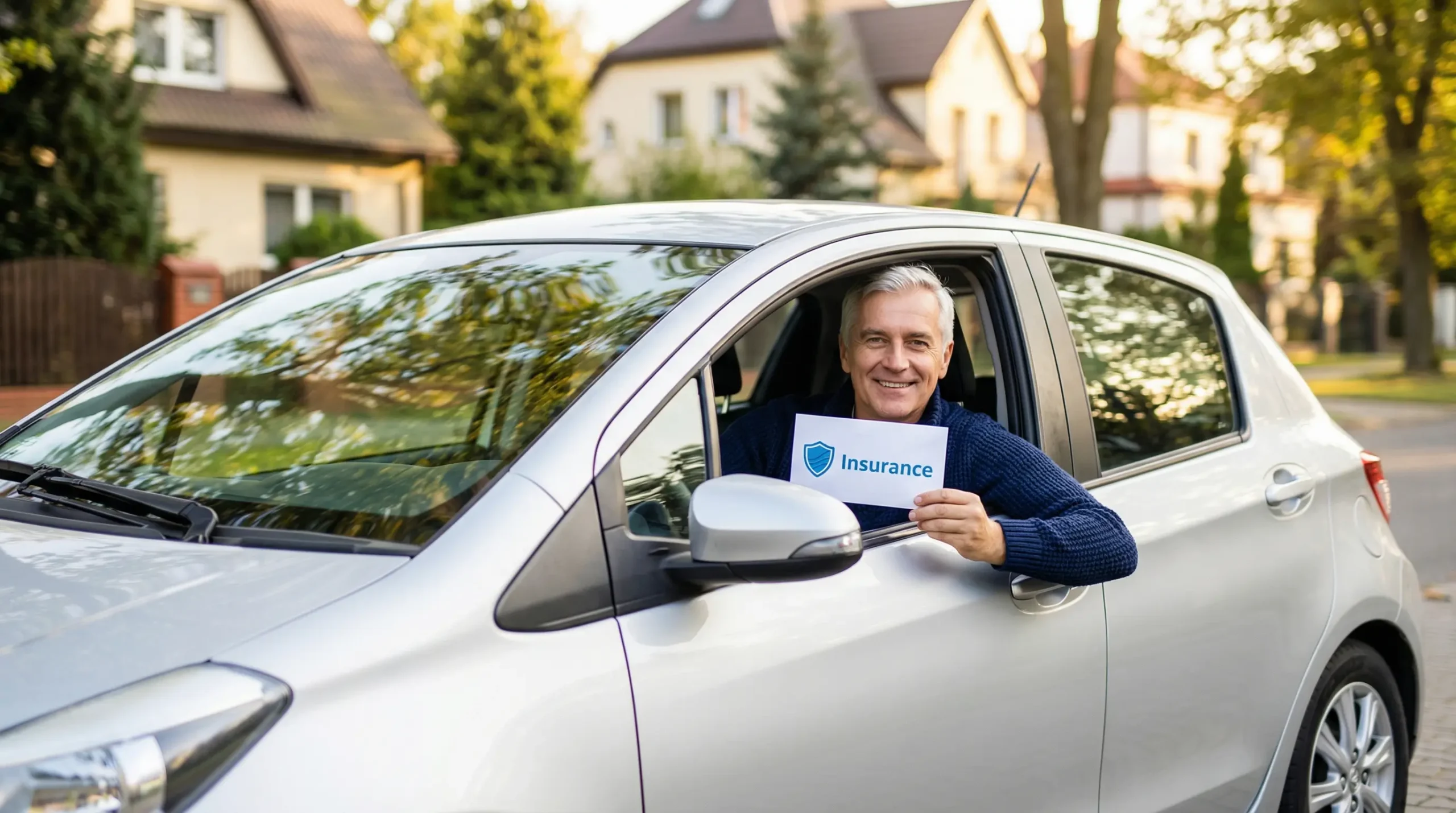 Senior za kółkiem swojego auta pokazuje kopertę z napiszem Insurance