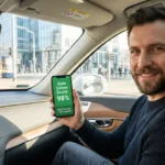 Uśmiechnięty kierowca w nowoczesnym samochodzie sprawdza w smartfonie wysoką zniżkę za bezpieczną jazdę w 2026 roku.