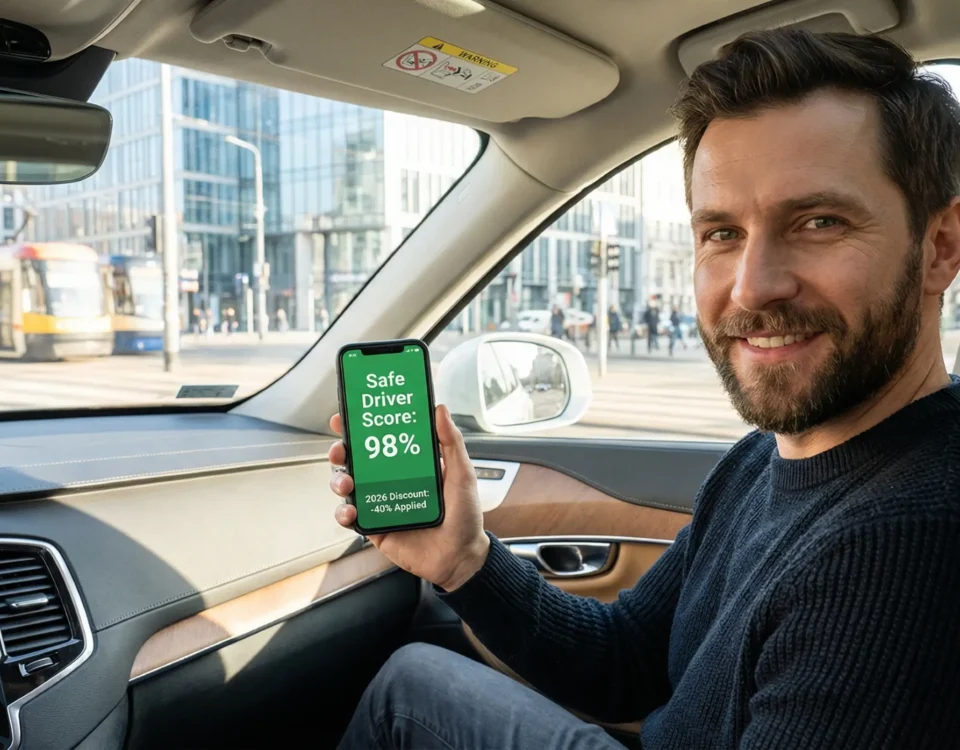 Uśmiechnięty kierowca w nowoczesnym samochodzie sprawdza w smartfonie wysoką zniżkę za bezpieczną jazdę w 2026 roku.