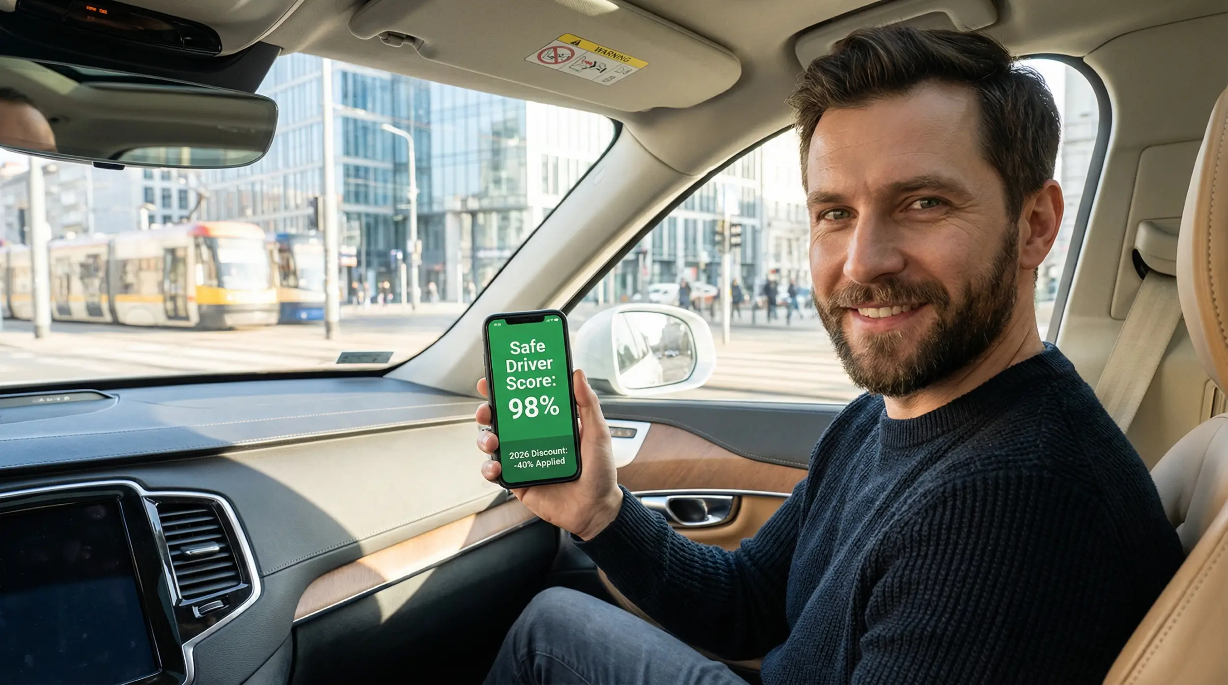 Uśmiechnięty kierowca w nowoczesnym samochodzie sprawdza w smartfonie wysoką zniżkę za bezpieczną jazdę w 2026 roku.