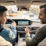 Młody 17-letni kierowca prowadzi nowoczesny samochód pod okiem ojca-opiekuna, widok z wnętrza auta, polskie miasto w tle