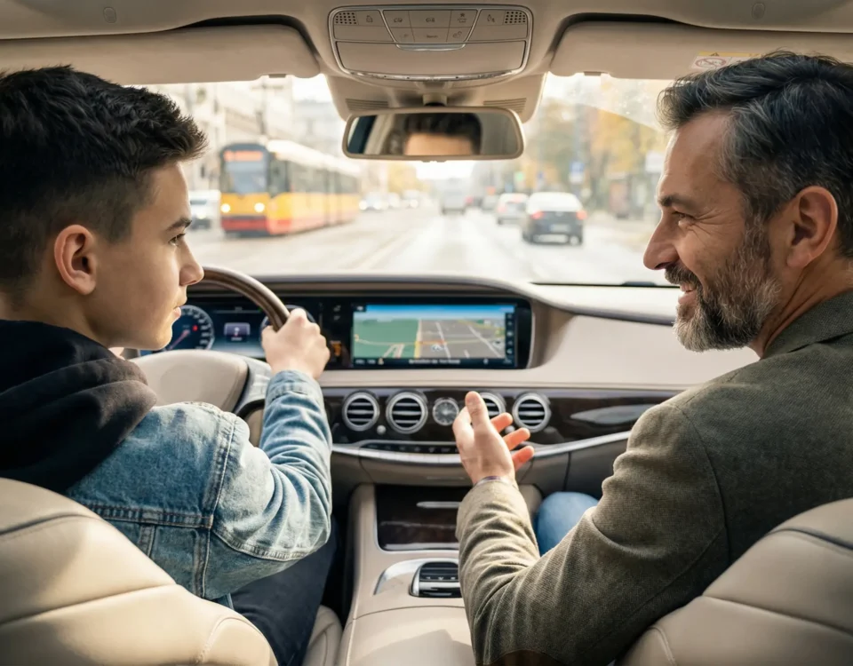 Młody 17-letni kierowca prowadzi nowoczesny samochód pod okiem ojca-opiekuna, widok z wnętrza auta, polskie miasto w tle