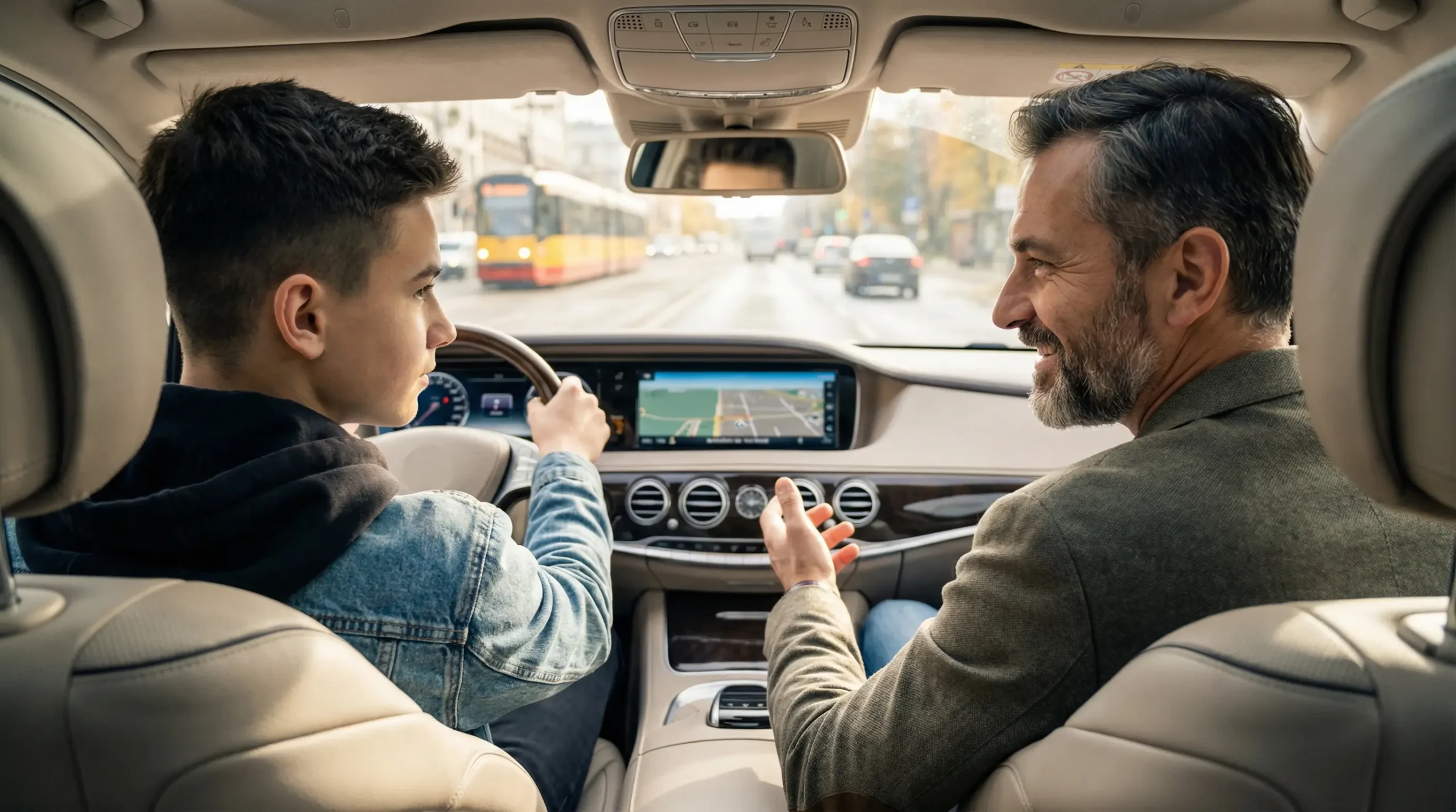 Młody 17-letni kierowca prowadzi nowoczesny samochód pod okiem ojca-opiekuna, widok z wnętrza auta, polskie miasto w tle